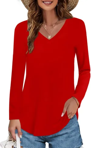 Elesomo Womens T Shirts V Neck Summer Short/Long Sleeve Cotton Tops Tees