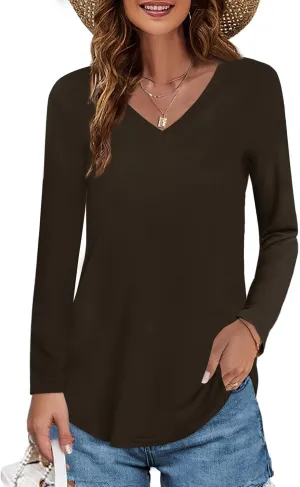 Elesomo Womens T Shirts V Neck Summer Short/Long Sleeve Cotton Tops Tees