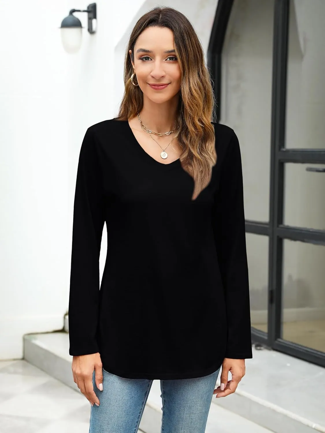 Elesomo Womens T Shirts V Neck Summer Short/Long Sleeve Cotton Tops Tees