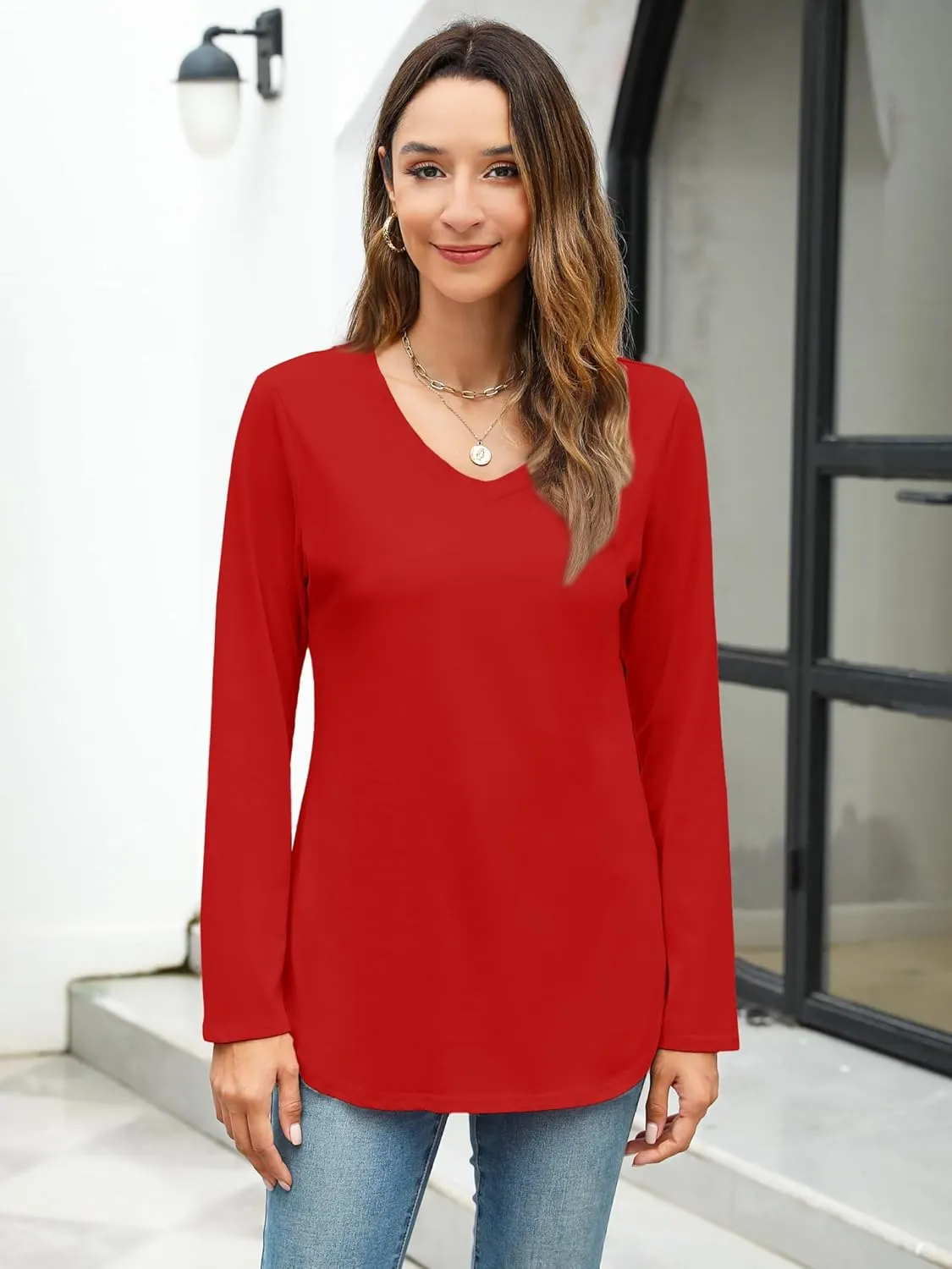 Elesomo Womens T Shirts V Neck Summer Short/Long Sleeve Cotton Tops Tees