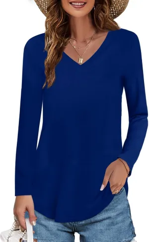 Elesomo Womens T Shirts V Neck Summer Short/Long Sleeve Cotton Tops Tees