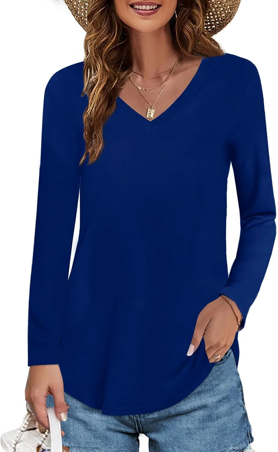 Elesomo Womens T Shirts V Neck Summer Short/Long Sleeve Cotton Tops Tees