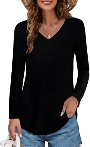 Elesomo Womens T Shirts V Neck Summer Short/Long Sleeve Cotton Tops Tees
