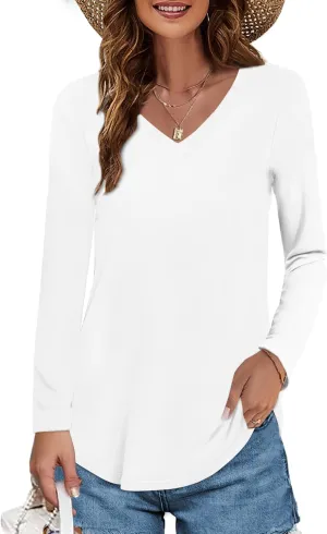 Elesomo Womens T Shirts V Neck Summer Short/Long Sleeve Cotton Tops Tees