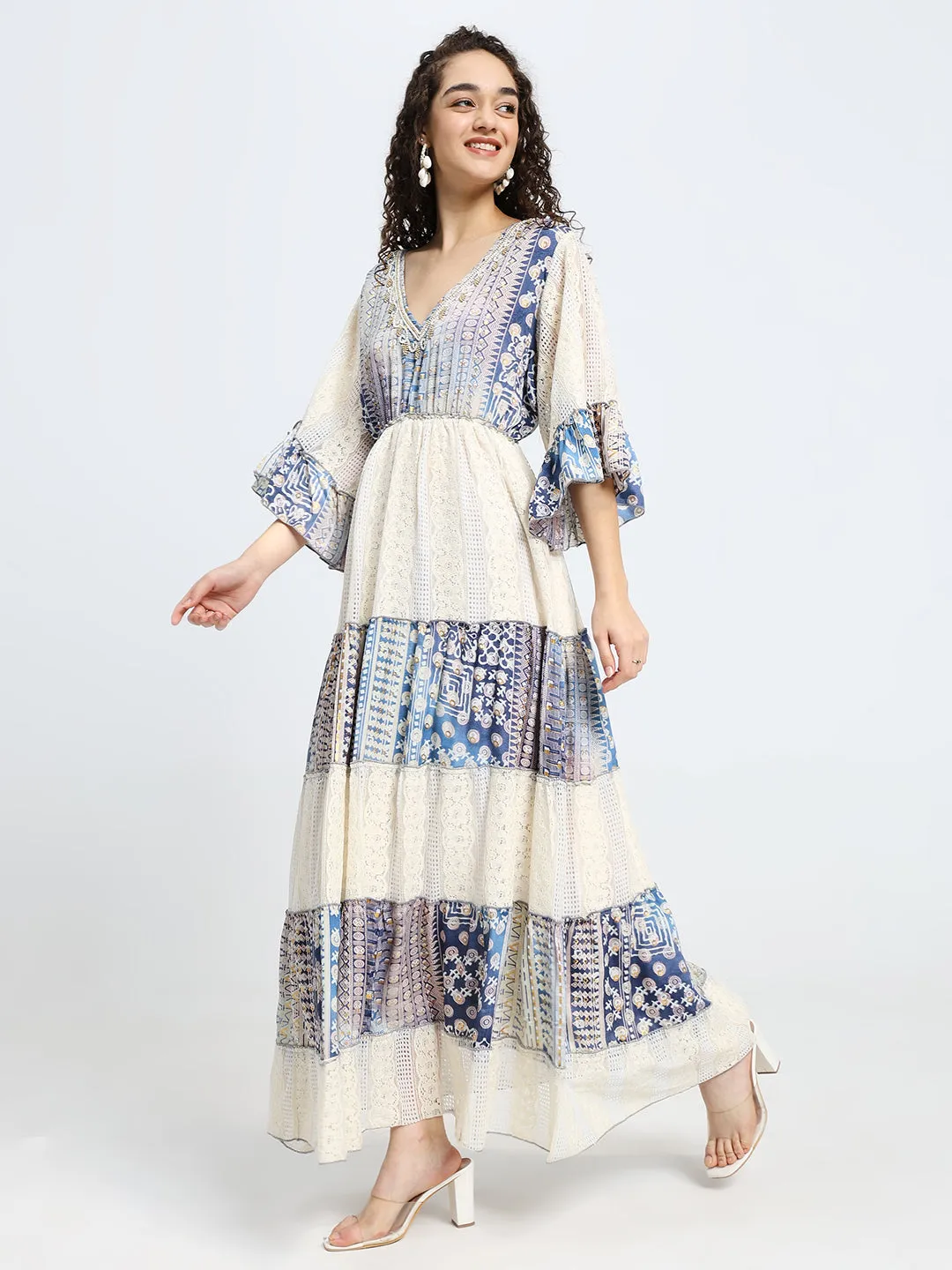 Embroidery Hand Work Bell Sleeves Boho Printed Maxi Dress - Midnight Lace