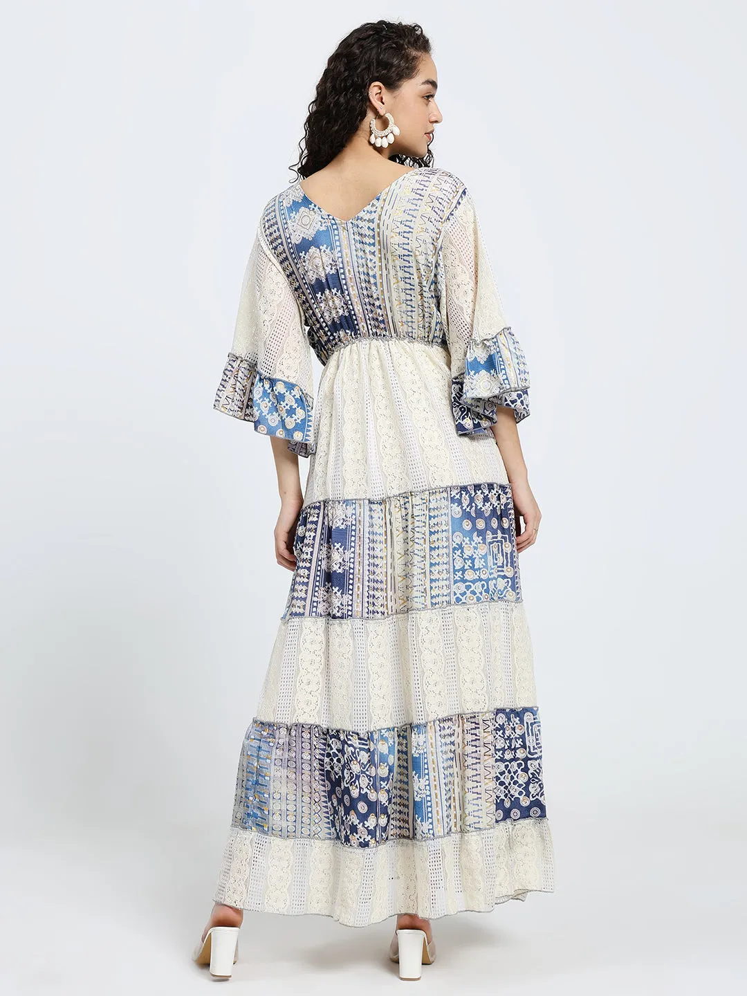 Embroidery Hand Work Bell Sleeves Boho Printed Maxi Dress - Midnight Lace