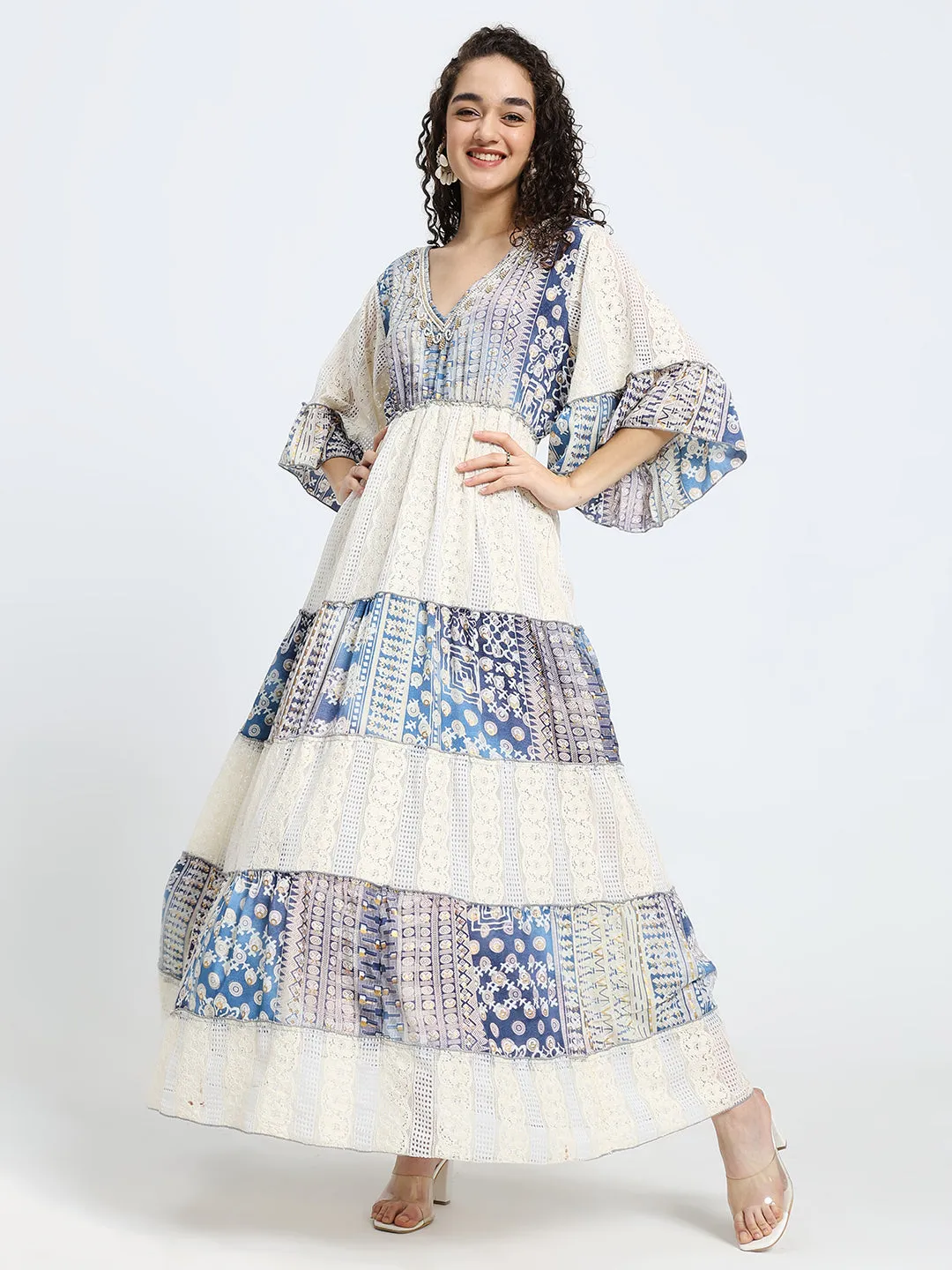 Embroidery Hand Work Bell Sleeves Boho Printed Maxi Dress - Midnight Lace