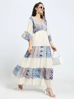 Embroidery Hand Work Bell Sleeves Boho Printed Maxi Dress - Midnight Lace
