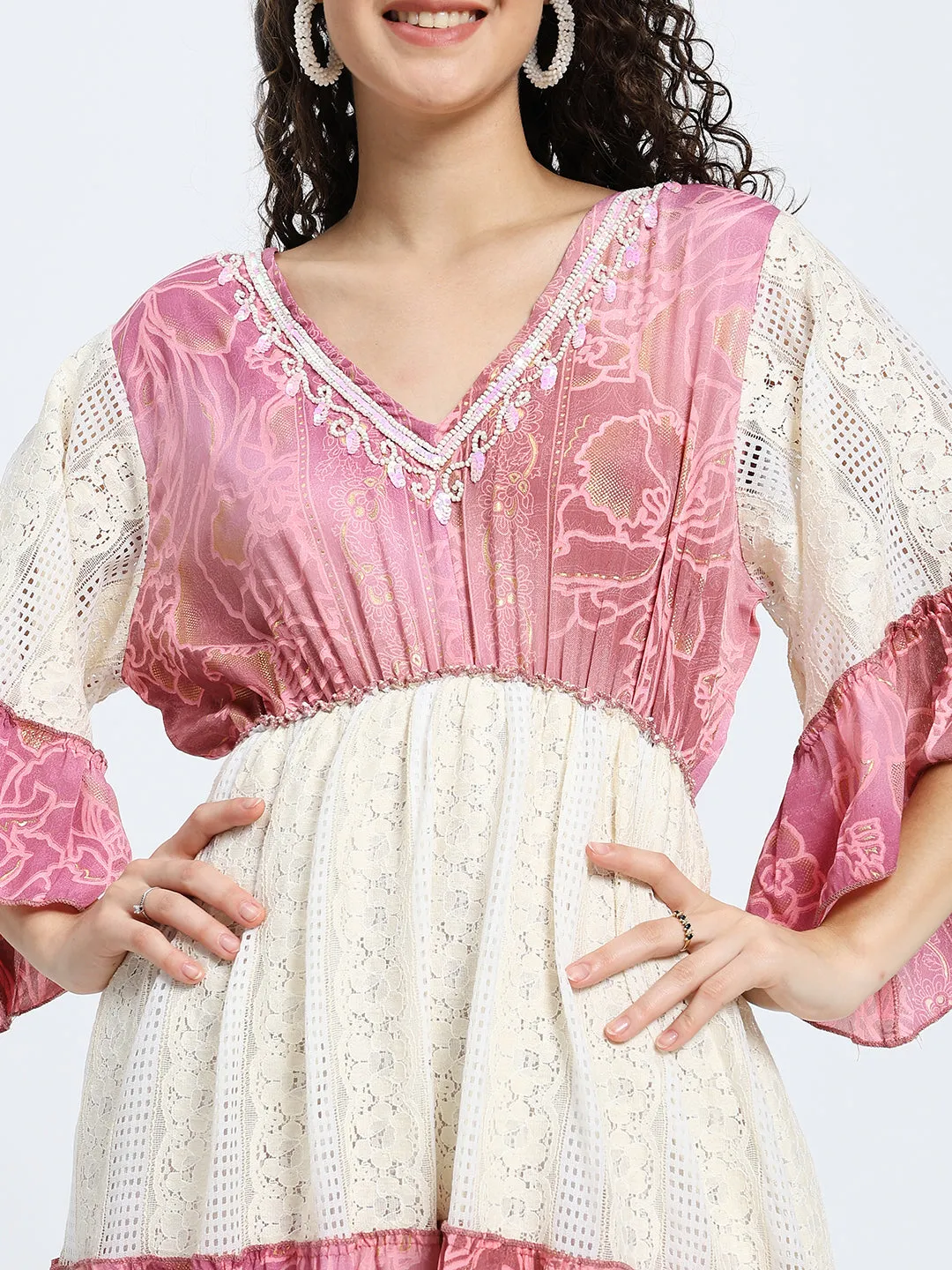 Embroidery Hand Work Bell Sleeves Boho Printed Maxi Dress - Ros Whimsy