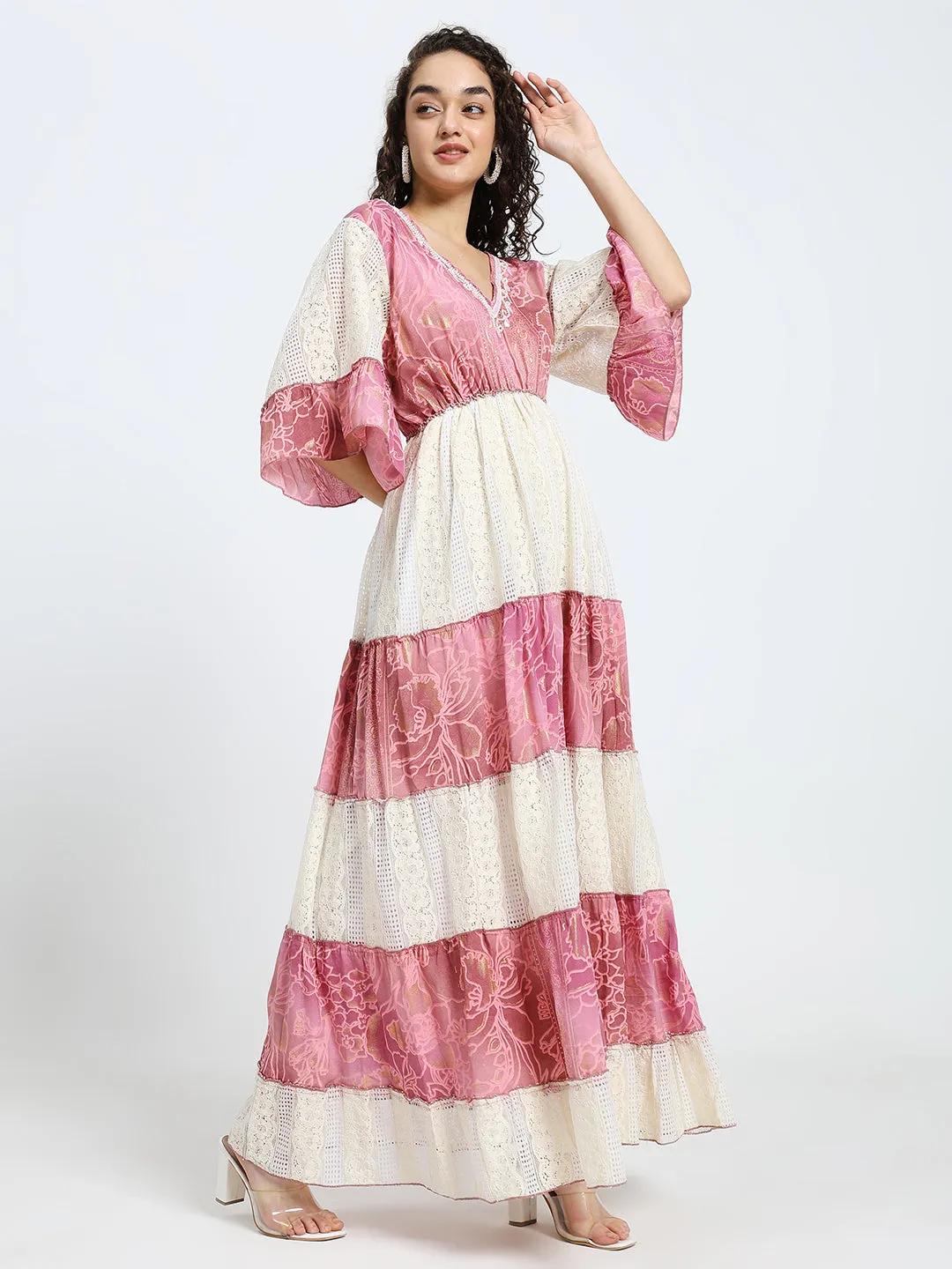 Embroidery Hand Work Bell Sleeves Boho Printed Maxi Dress - Ros Whimsy