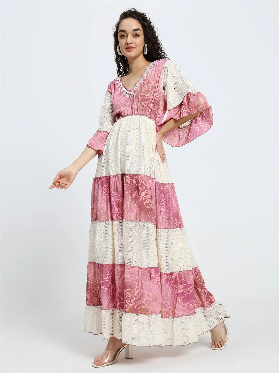 Embroidery Hand Work Bell Sleeves Boho Printed Maxi Dress - Ros Whimsy
