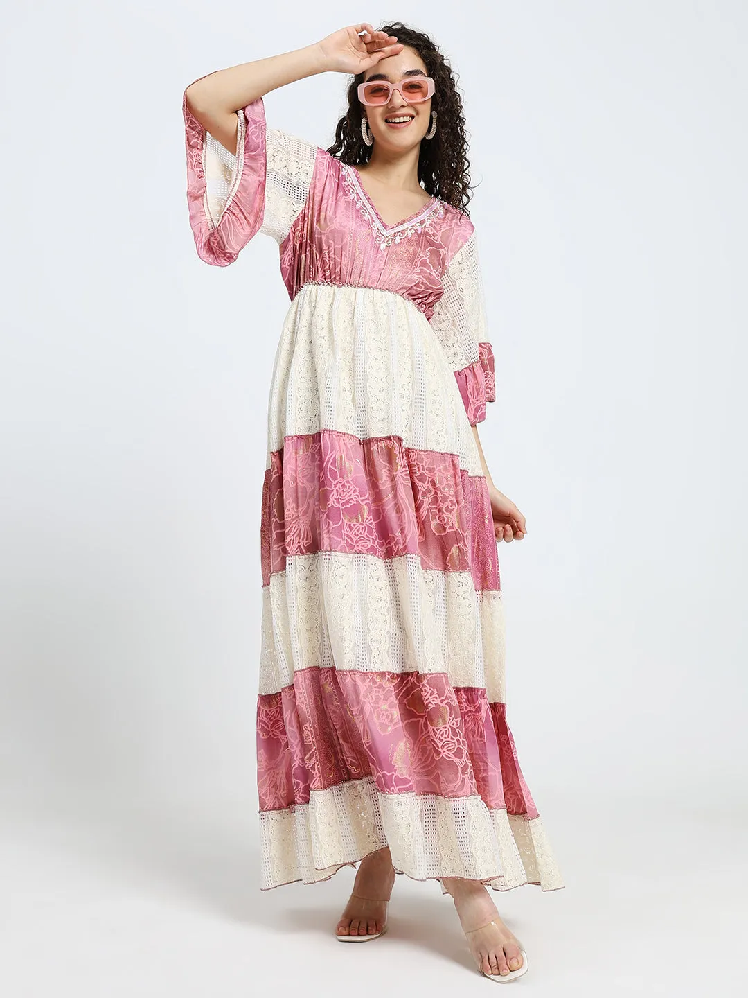 Embroidery Hand Work Bell Sleeves Boho Printed Maxi Dress - Ros Whimsy