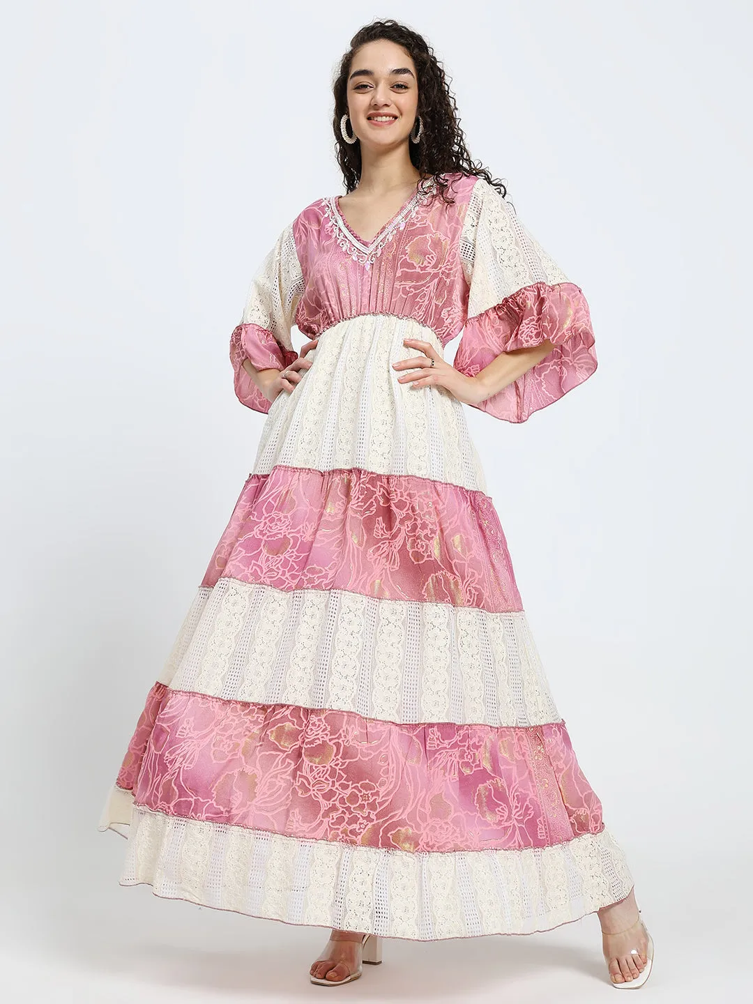 Embroidery Hand Work Bell Sleeves Boho Printed Maxi Dress - Ros Whimsy