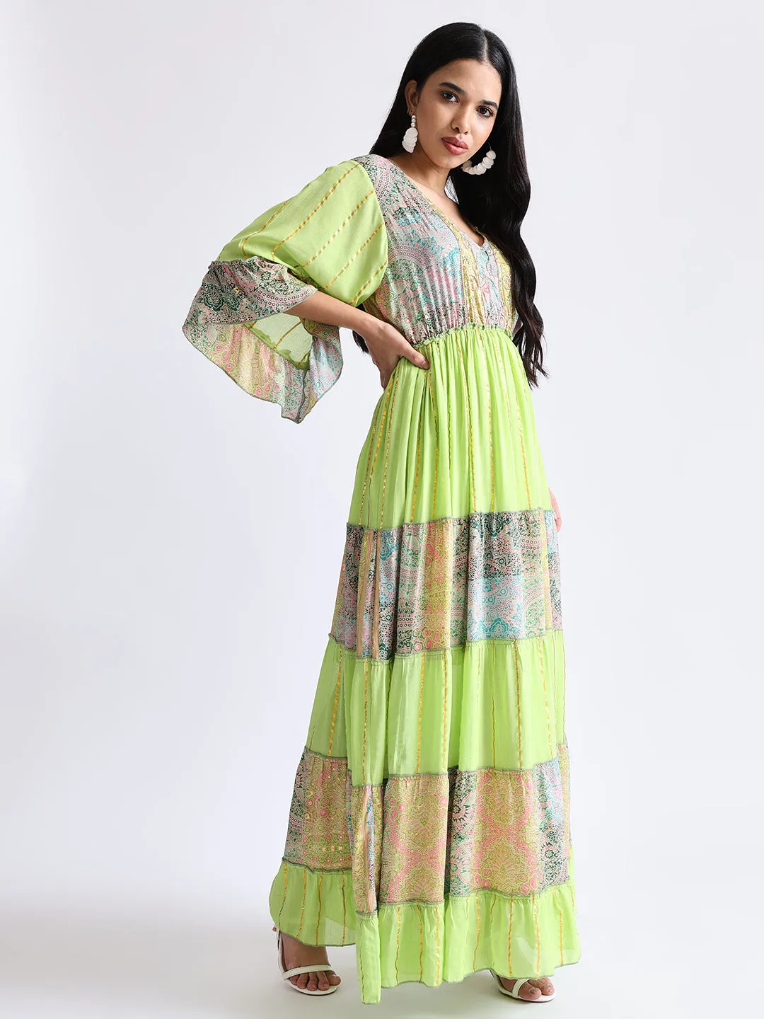 Embroidery Hand Work Bell Sleeves Front Boho Printed Maxi Dress -  Lime Blossom