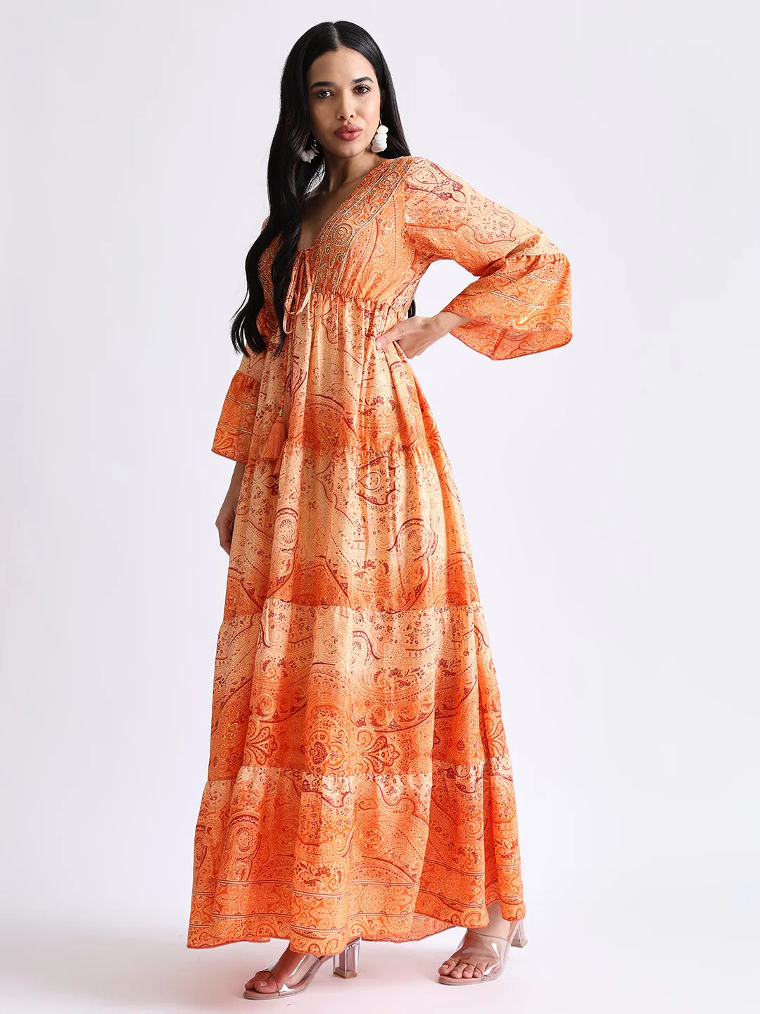 Embroidery Hand Work Bell Sleeves Front Boho Printed Maxi Dress - Sunset Serenade