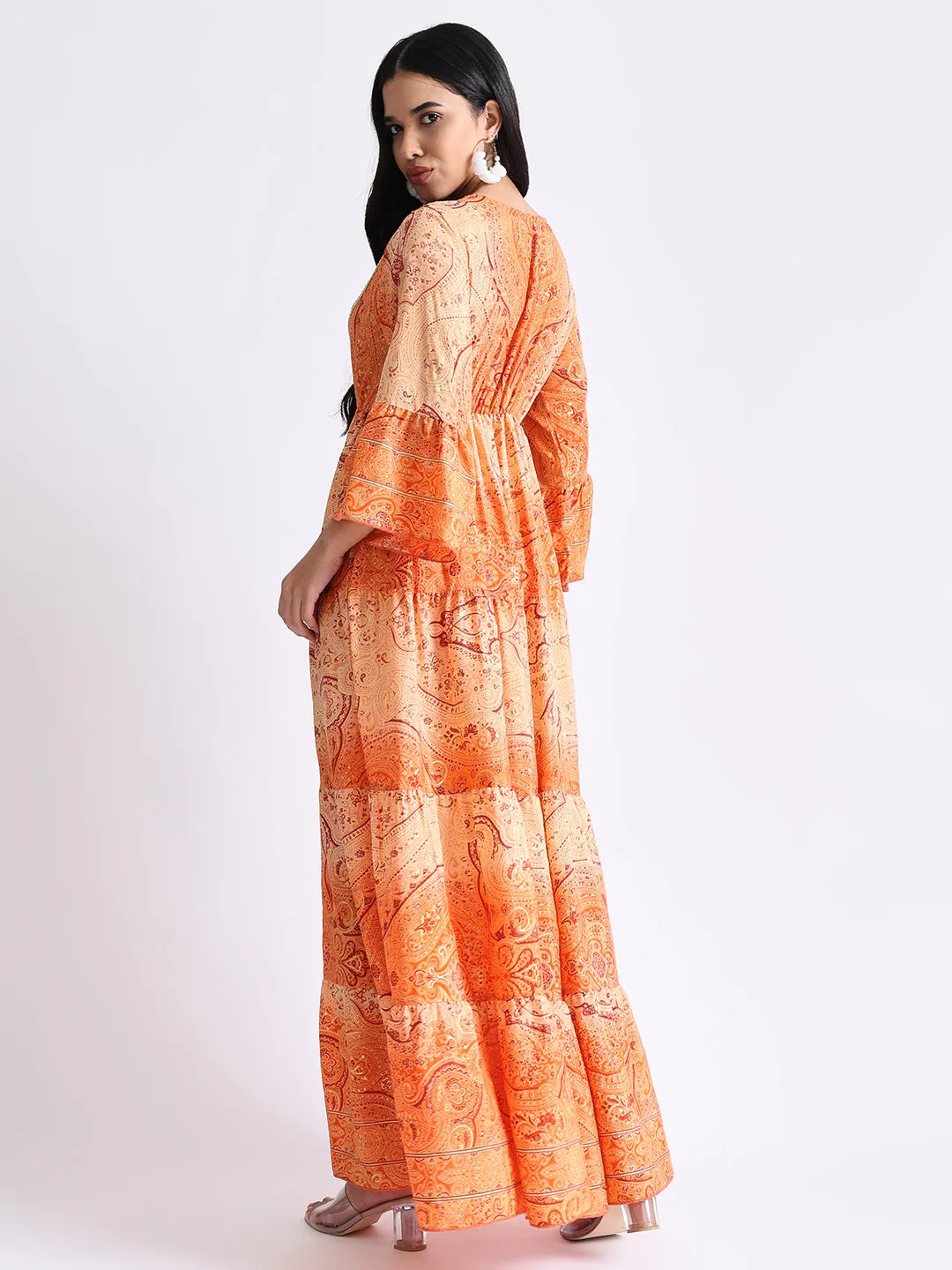 Embroidery Hand Work Bell Sleeves Front Boho Printed Maxi Dress - Sunset Serenade