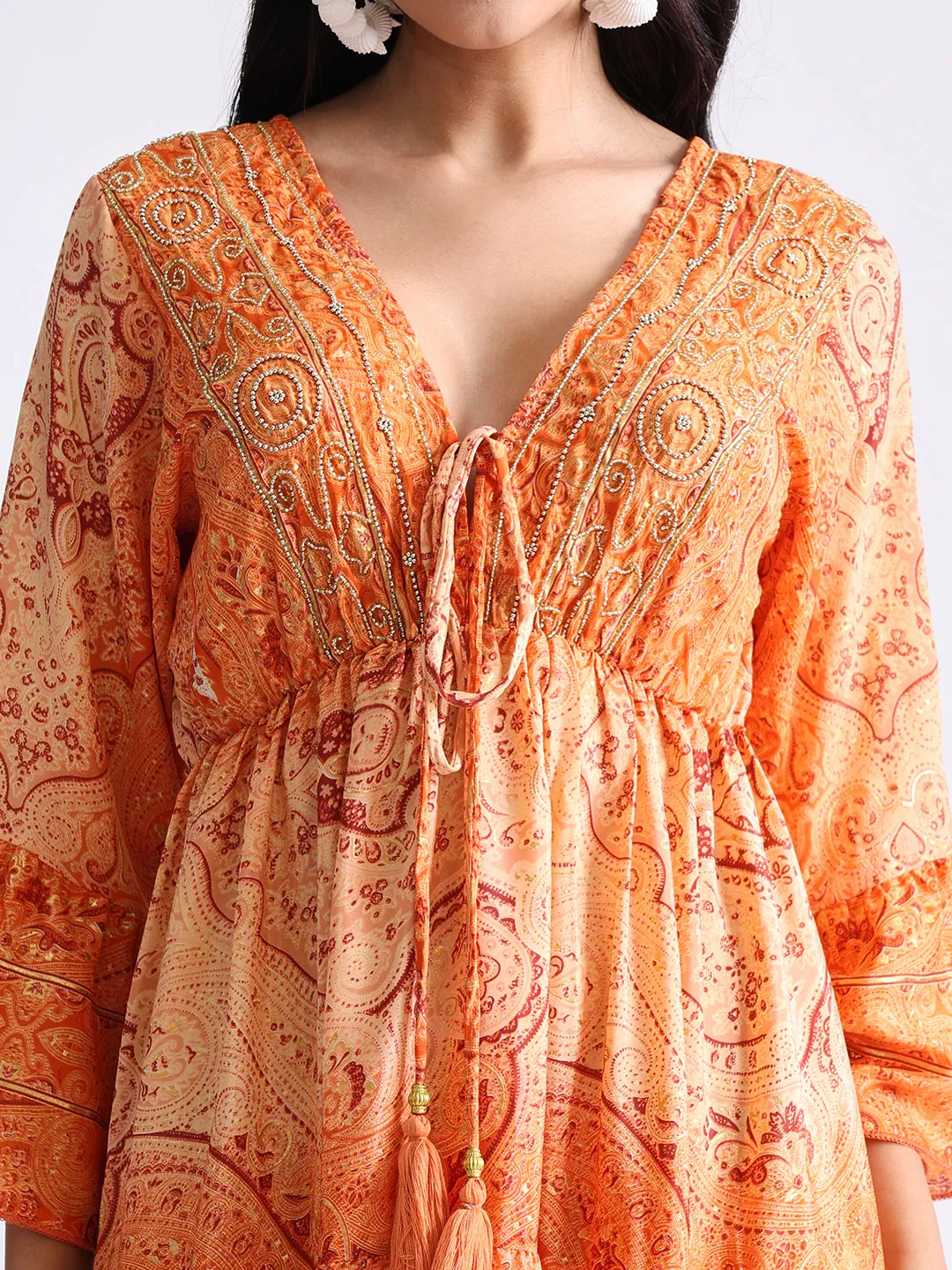 Embroidery Hand Work Bell Sleeves Front Boho Printed Maxi Dress - Sunset Serenade