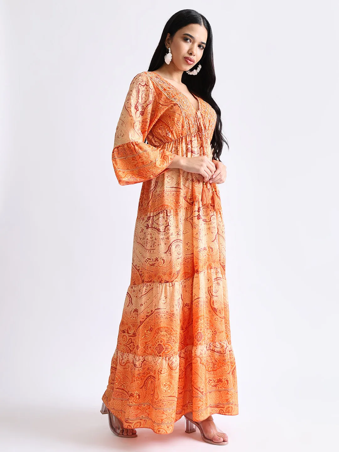 Embroidery Hand Work Bell Sleeves Front Boho Printed Maxi Dress - Sunset Serenade