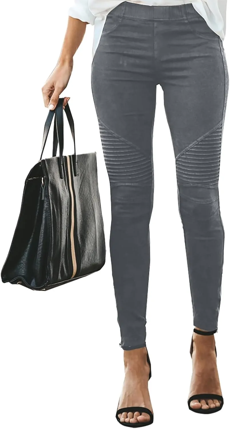 eoeioa Plus Size Leggings with Pockets for Women High Waisted Stretch Skinny Zipper Cropped Pencil Pants Stripe Tights Pants