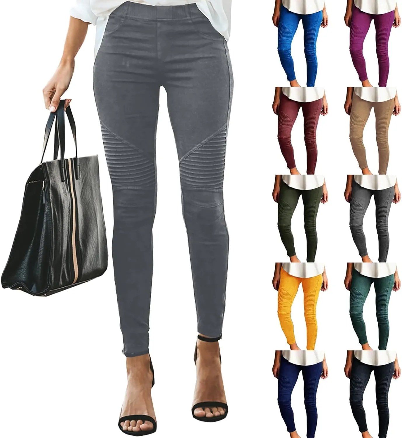eoeioa Plus Size Leggings with Pockets for Women High Waisted Stretch Skinny Zipper Cropped Pencil Pants Stripe Tights Pants