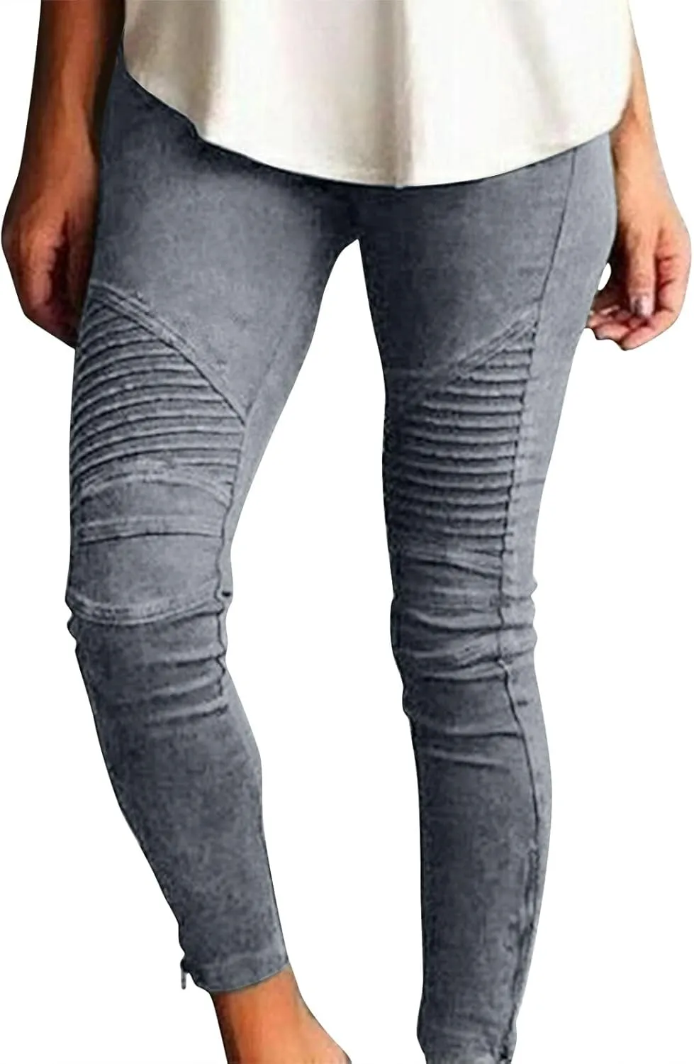 eoeioa Plus Size Leggings with Pockets for Women High Waisted Stretch Skinny Zipper Cropped Pencil Pants Stripe Tights Pants
