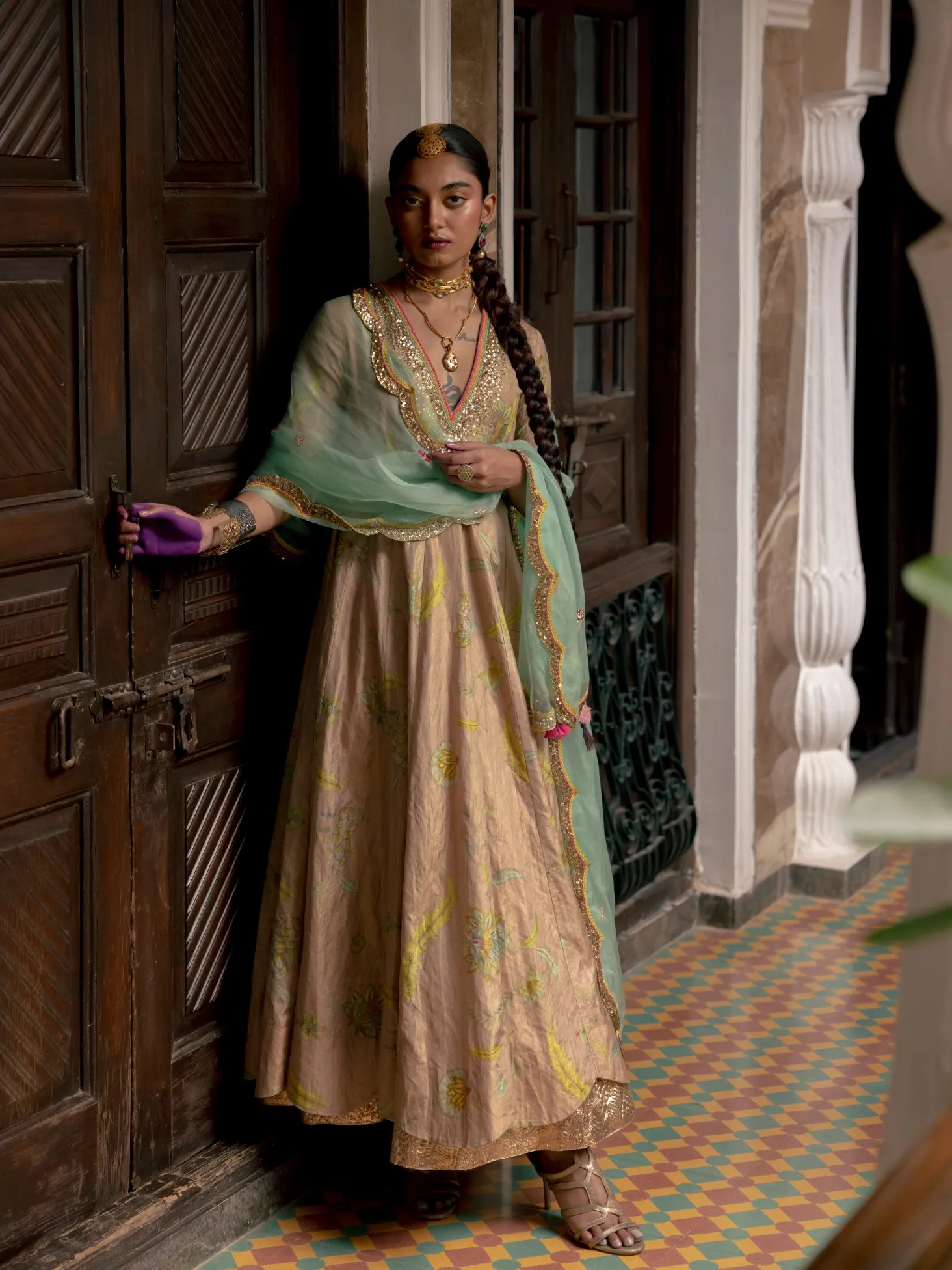 Fariba Pastel Pink Printed Tissue Anarkali Set