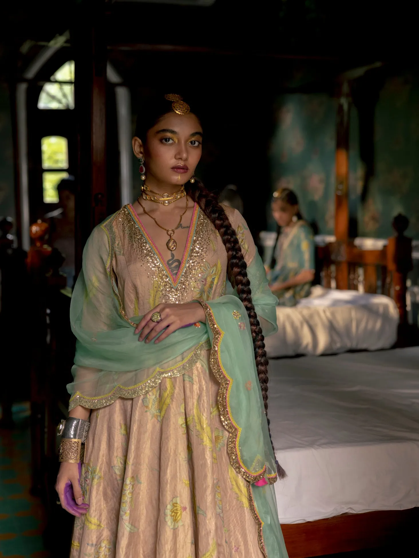 Fariba Pastel Pink Printed  Tissue Janhvi Kapoor Anarkali Set
