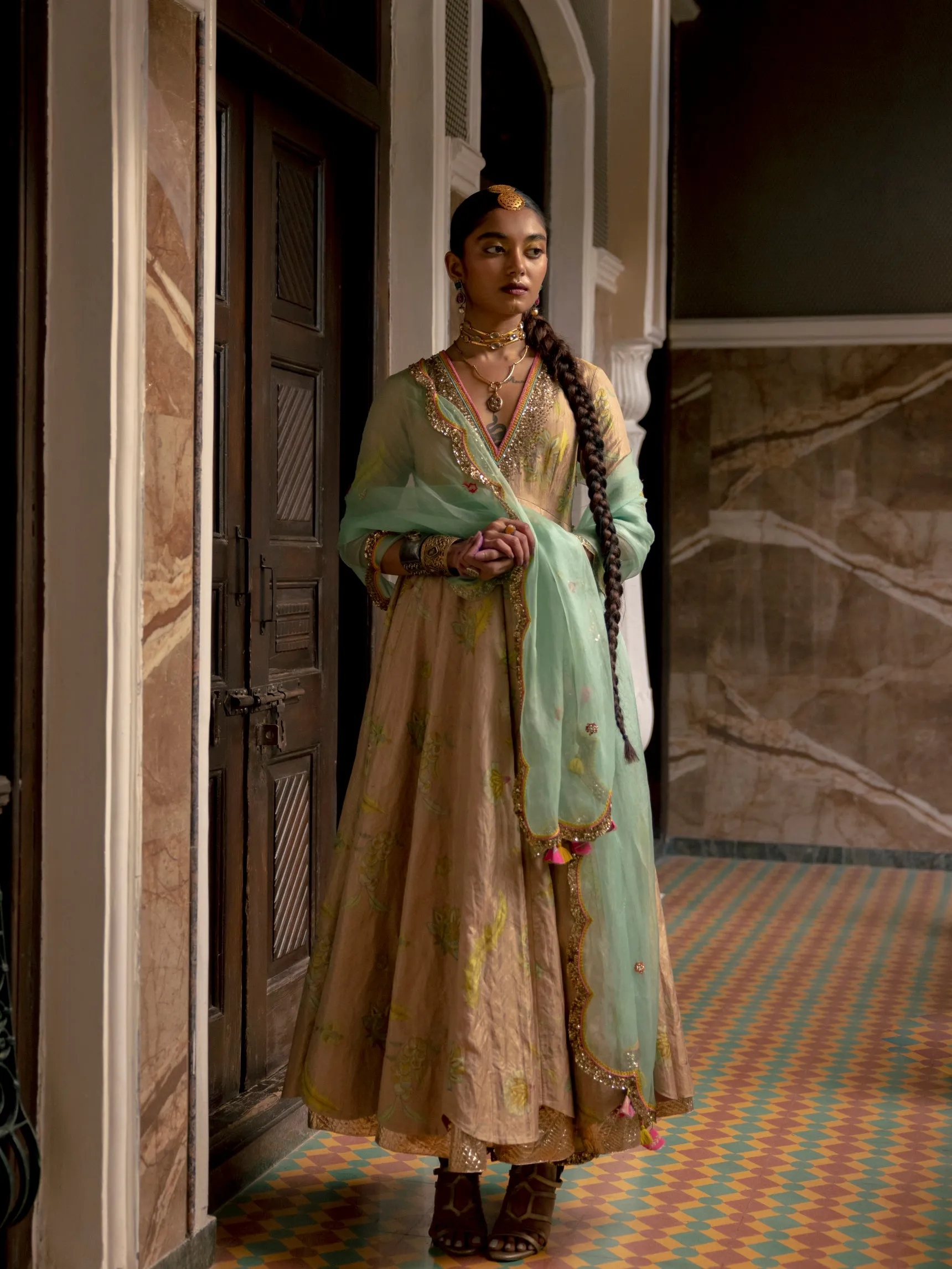 Fariba Pastel Pink Printed  Tissue Janhvi Kapoor Anarkali Set
