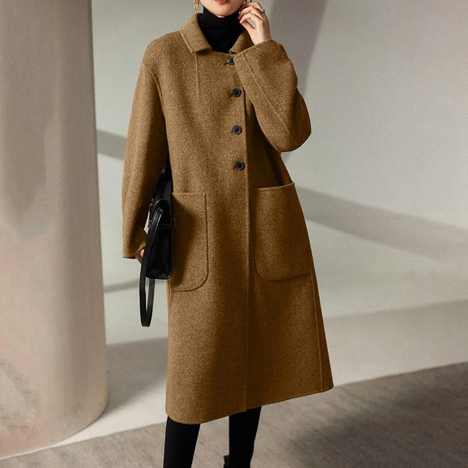 Firzero Women's Notch Lapel Double Breasted Coats, Casual Solid Color Mid-Long Warm Faux Wool Blend Pea Coat