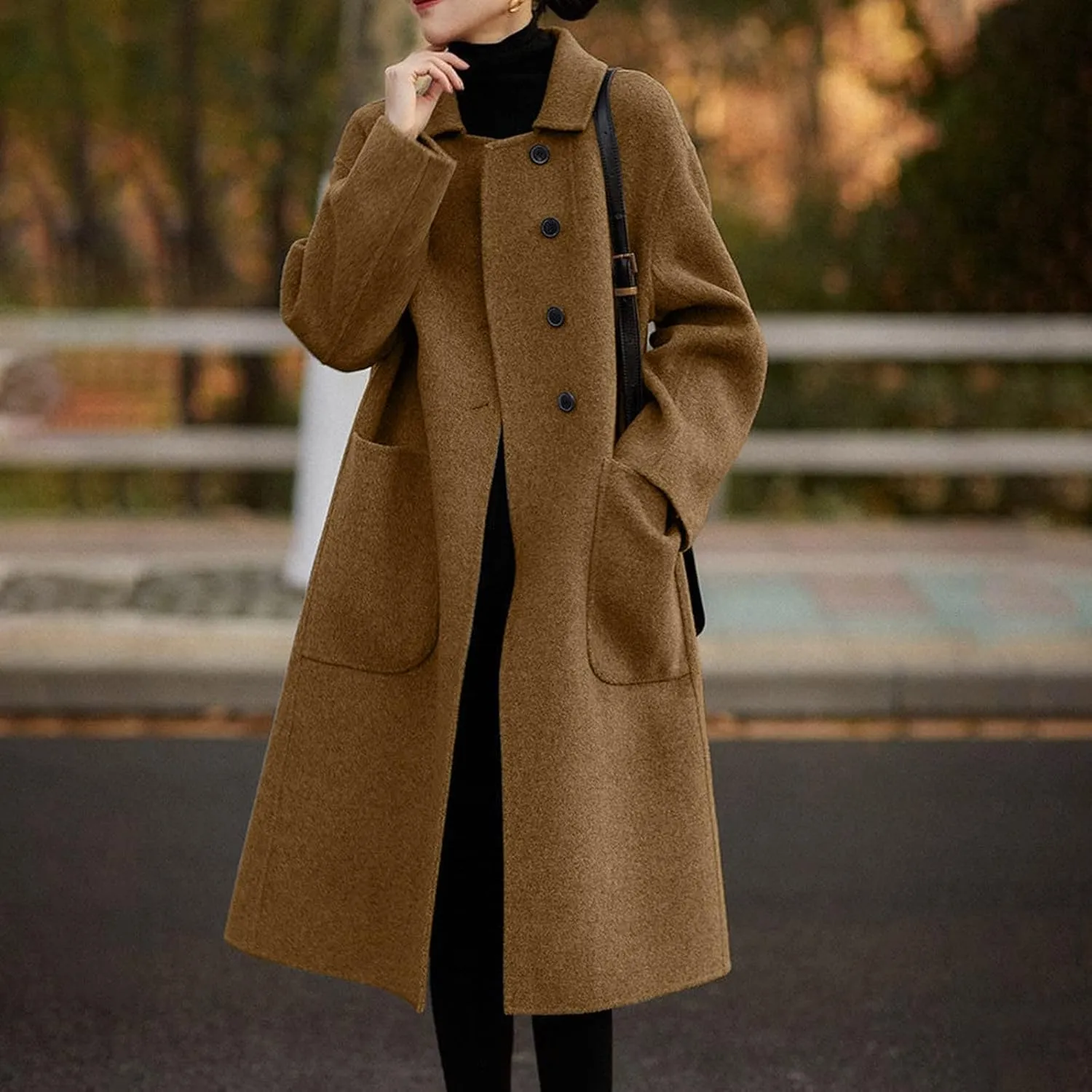 Firzero Women's Notch Lapel Double Breasted Coats, Casual Solid Color Mid-Long Warm Faux Wool Blend Pea Coat