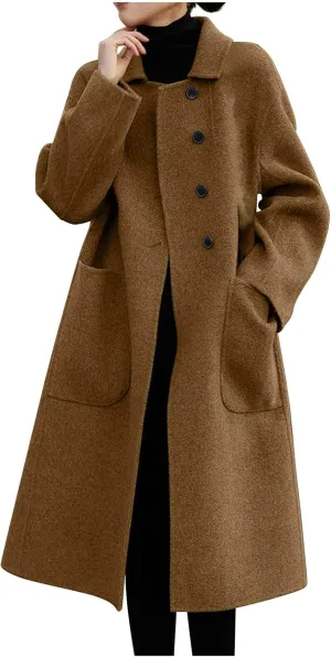 Firzero Women's Notch Lapel Double Breasted Coats, Casual Solid Color Mid-Long Warm Faux Wool Blend Pea Coat