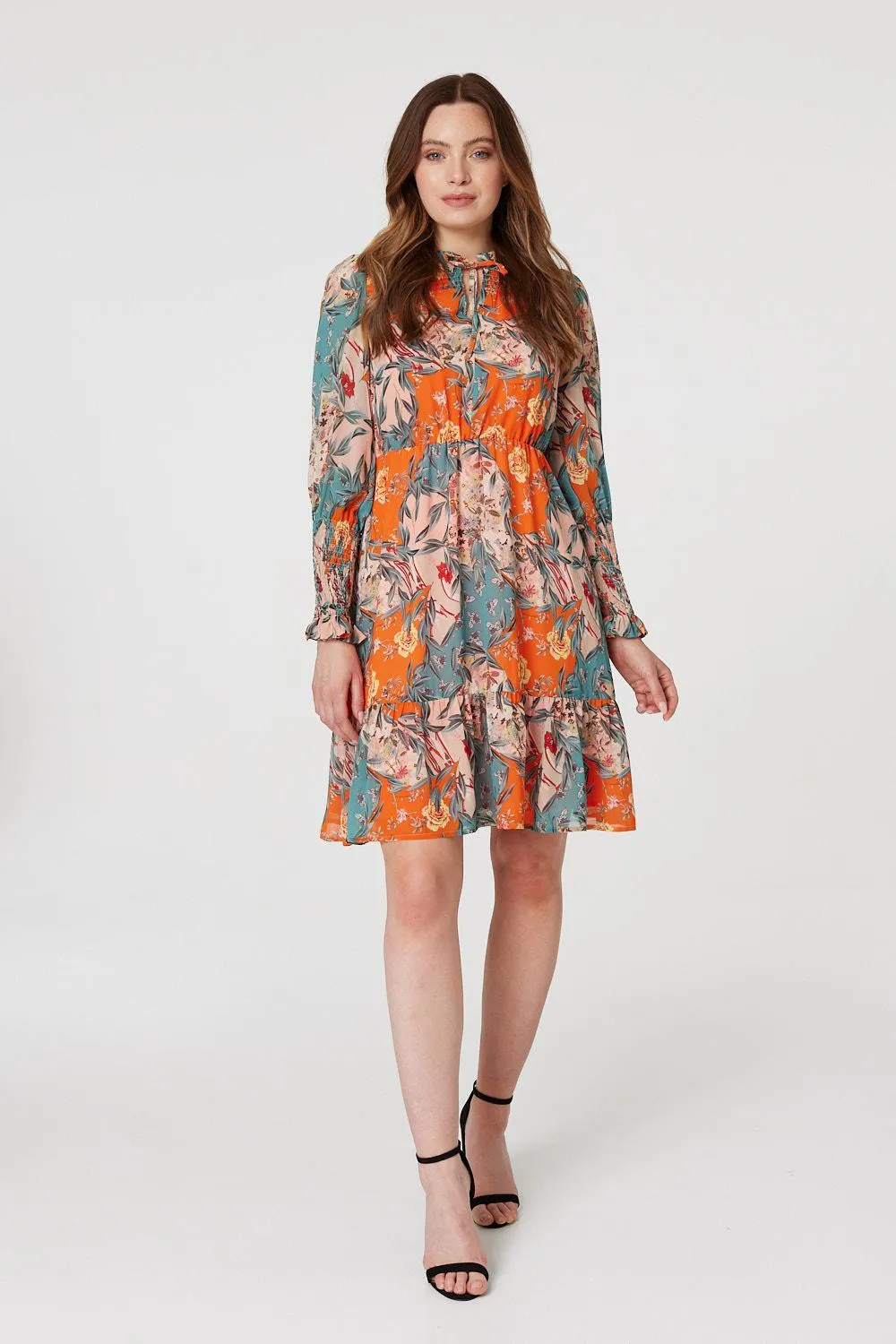 Floral Tie Neck Short Dress