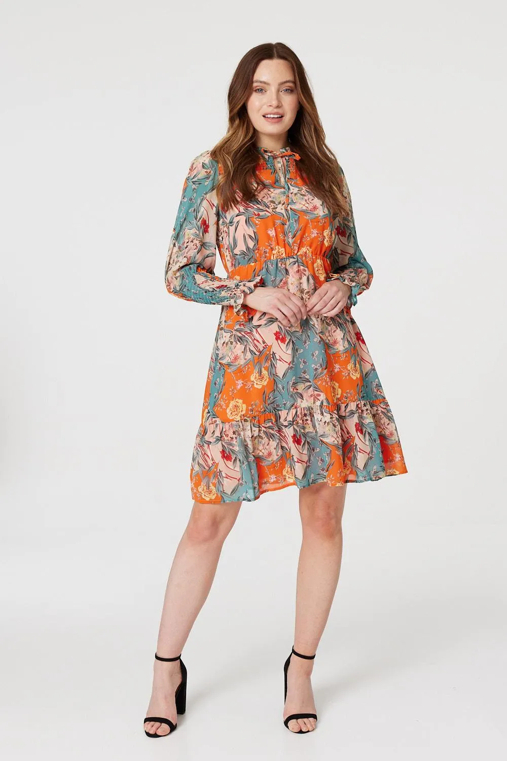 Floral Tie Neck Short Dress