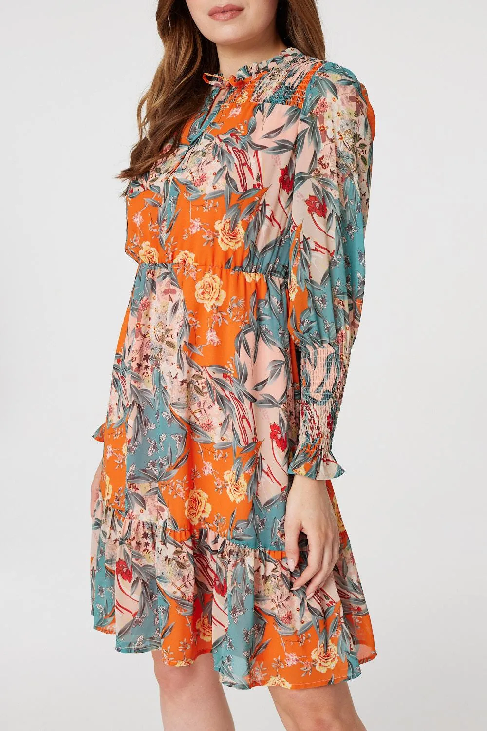 Floral Tie Neck Short Dress