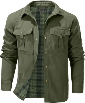 Flygo Mens Flannel Lined Shirt Jacket Vintage Snap Button Western Jacket Rugged Outdoor Cowboy Shirts Jackets