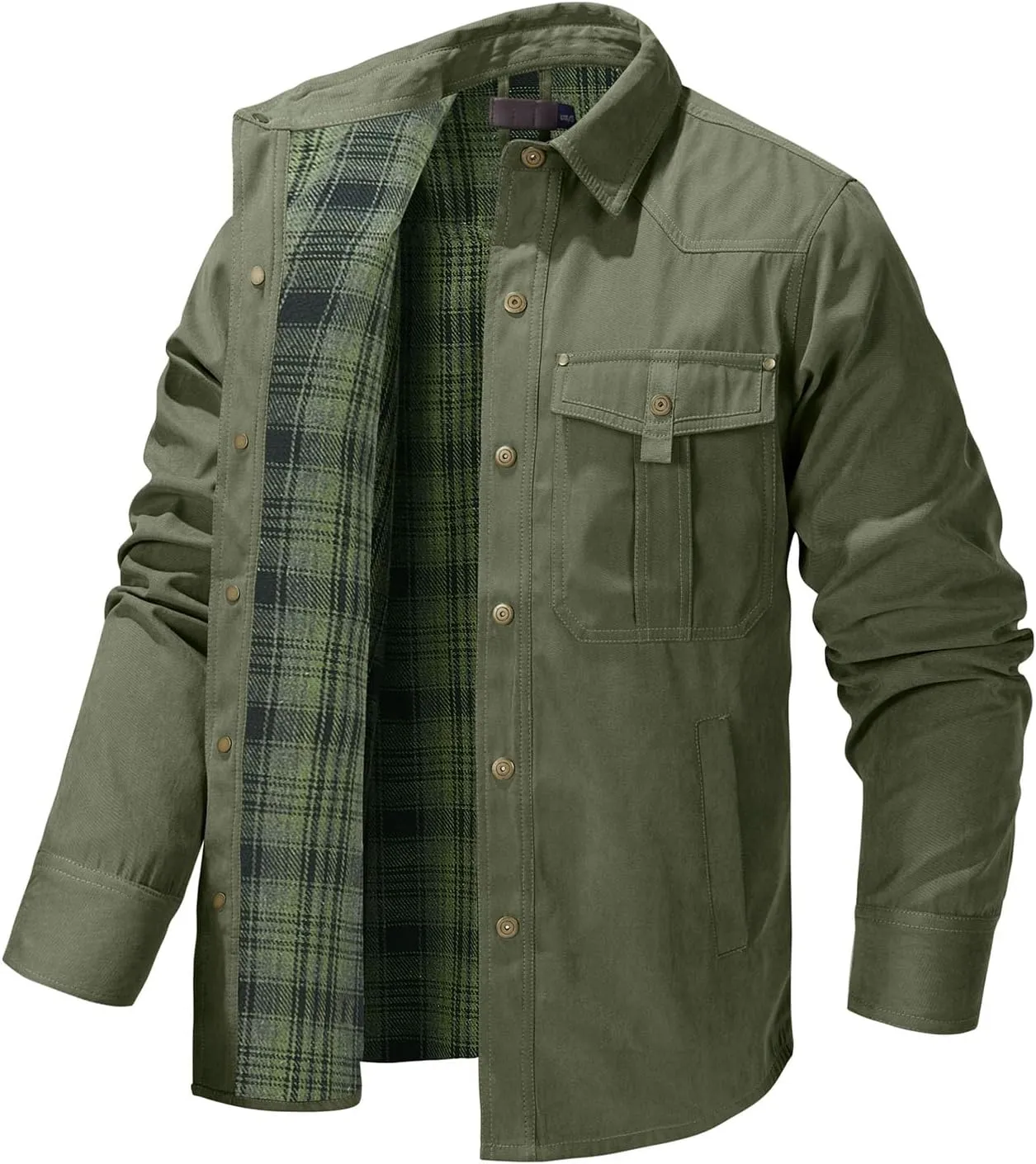 Flygo Mens Flannel Lined Shirt Jacket Vintage Snap Button Western Jacket Rugged Outdoor Cowboy Shirts Jackets