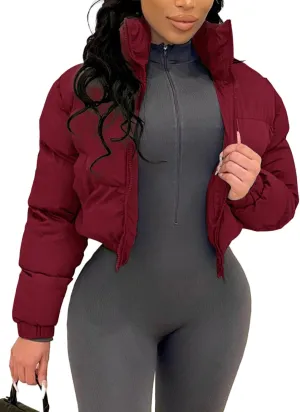 Flygo Women Cropped Quilted Puffer Jacket Winter Fashion Long Sleeve Bubble Short Down Coat
