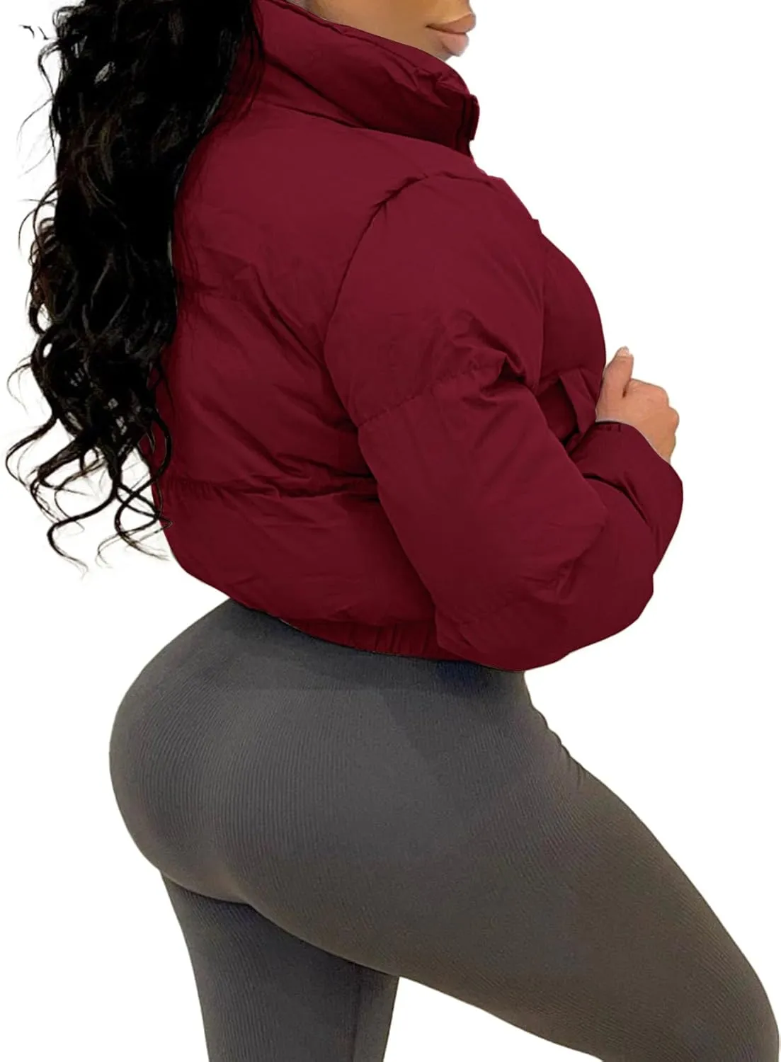 Flygo Women Cropped Quilted Puffer Jacket Winter Fashion Long Sleeve Bubble Short Down Coat