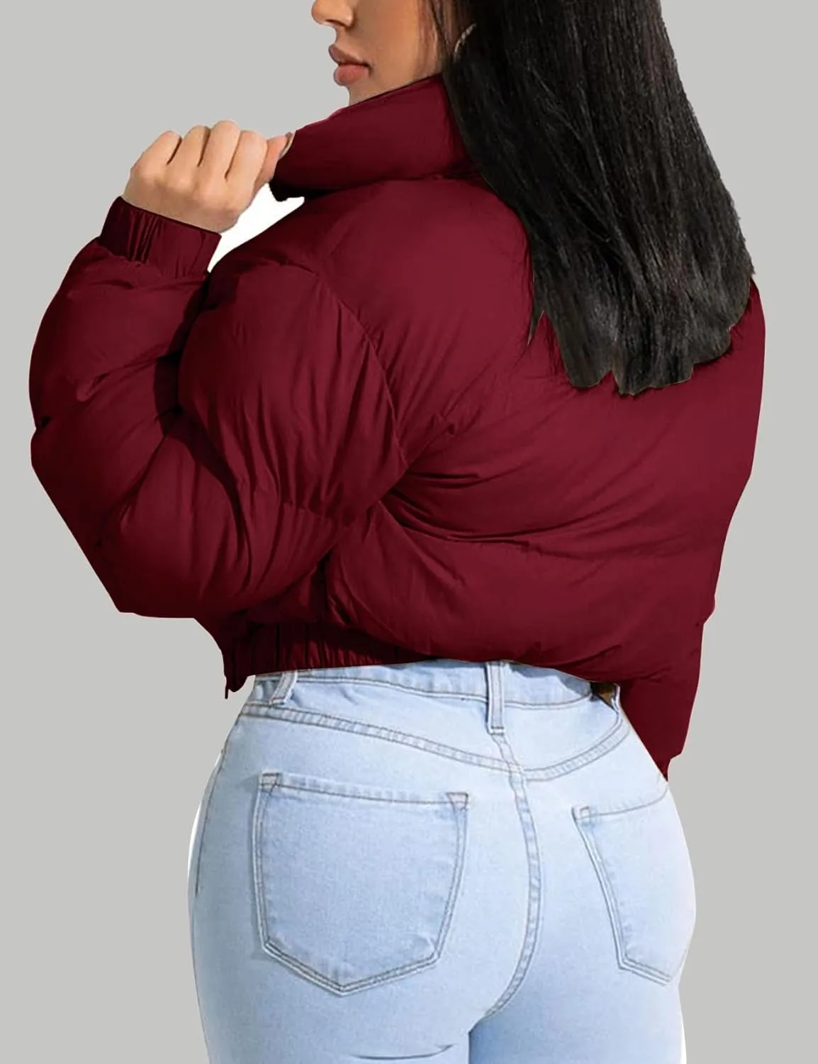 Flygo Women Cropped Quilted Puffer Jacket Winter Fashion Long Sleeve Bubble Short Down Coat