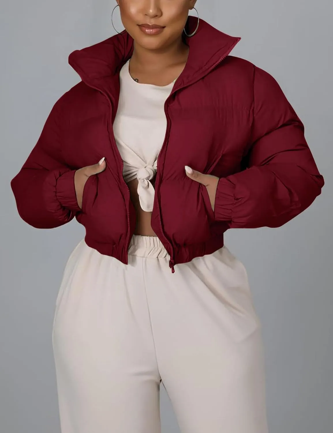 Flygo Women Cropped Quilted Puffer Jacket Winter Fashion Long Sleeve Bubble Short Down Coat