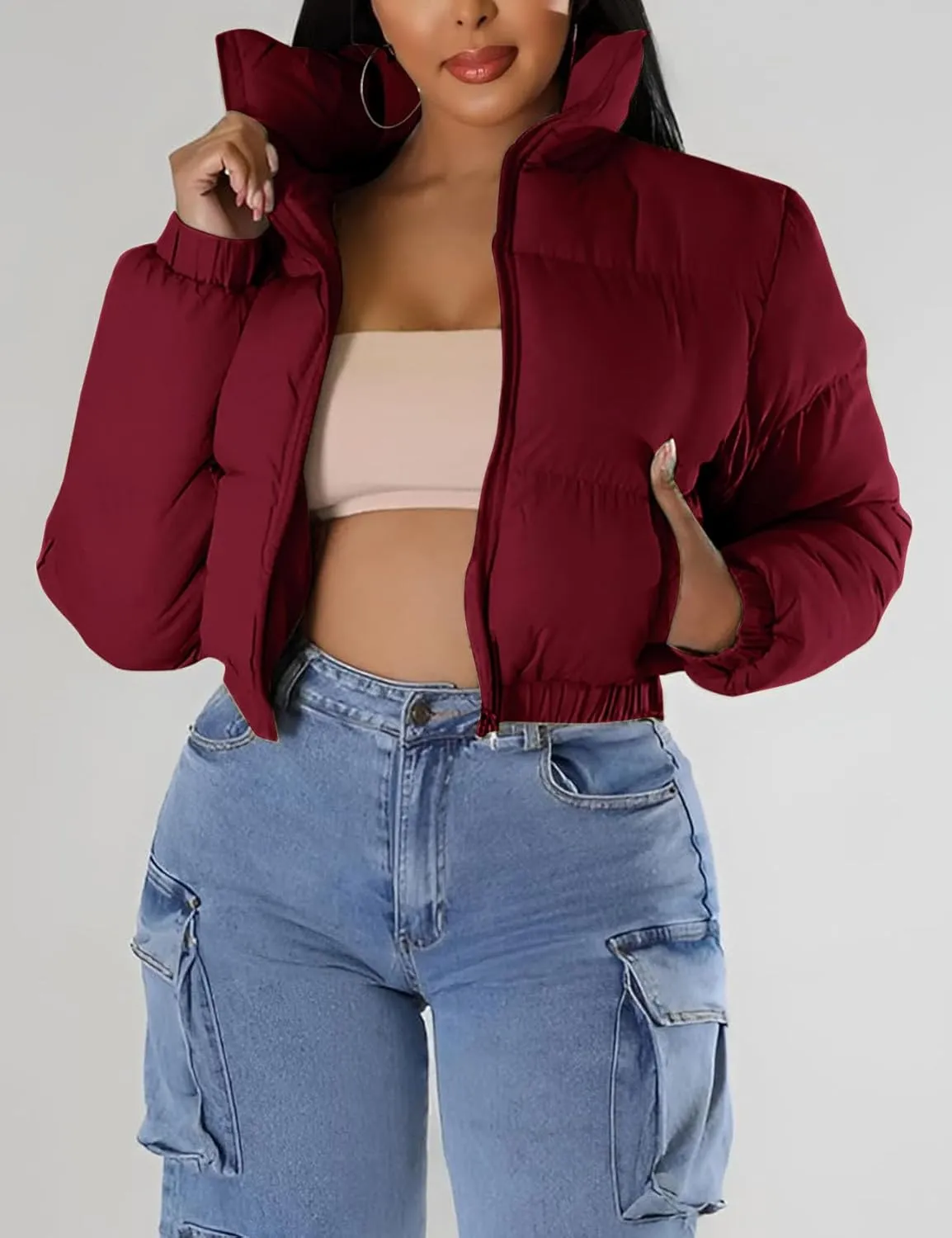 Flygo Women Cropped Quilted Puffer Jacket Winter Fashion Long Sleeve Bubble Short Down Coat