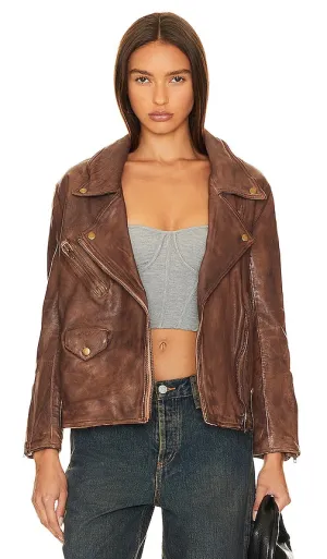 Free People Jealousy Leather Moto Jacket in Brown