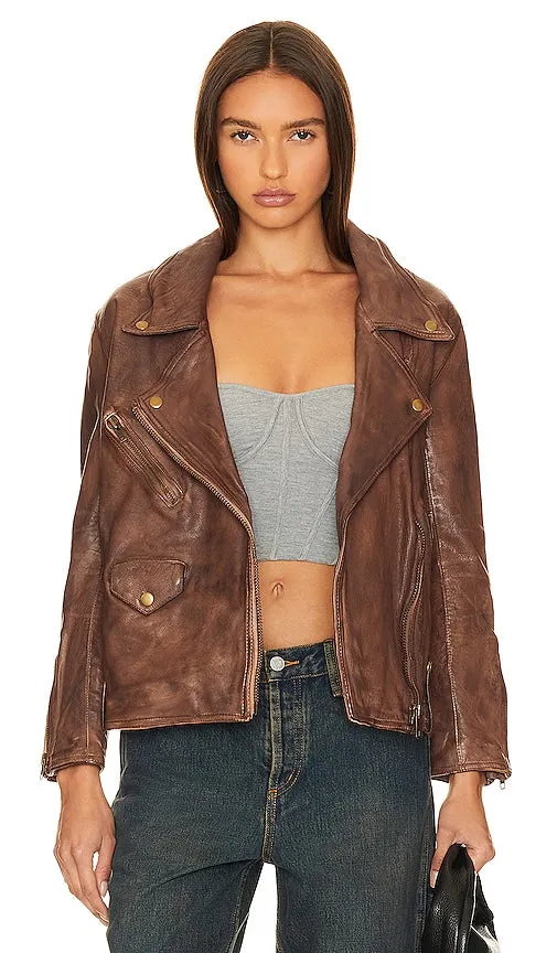 Free People Jealousy Leather Moto Jacket in Brown