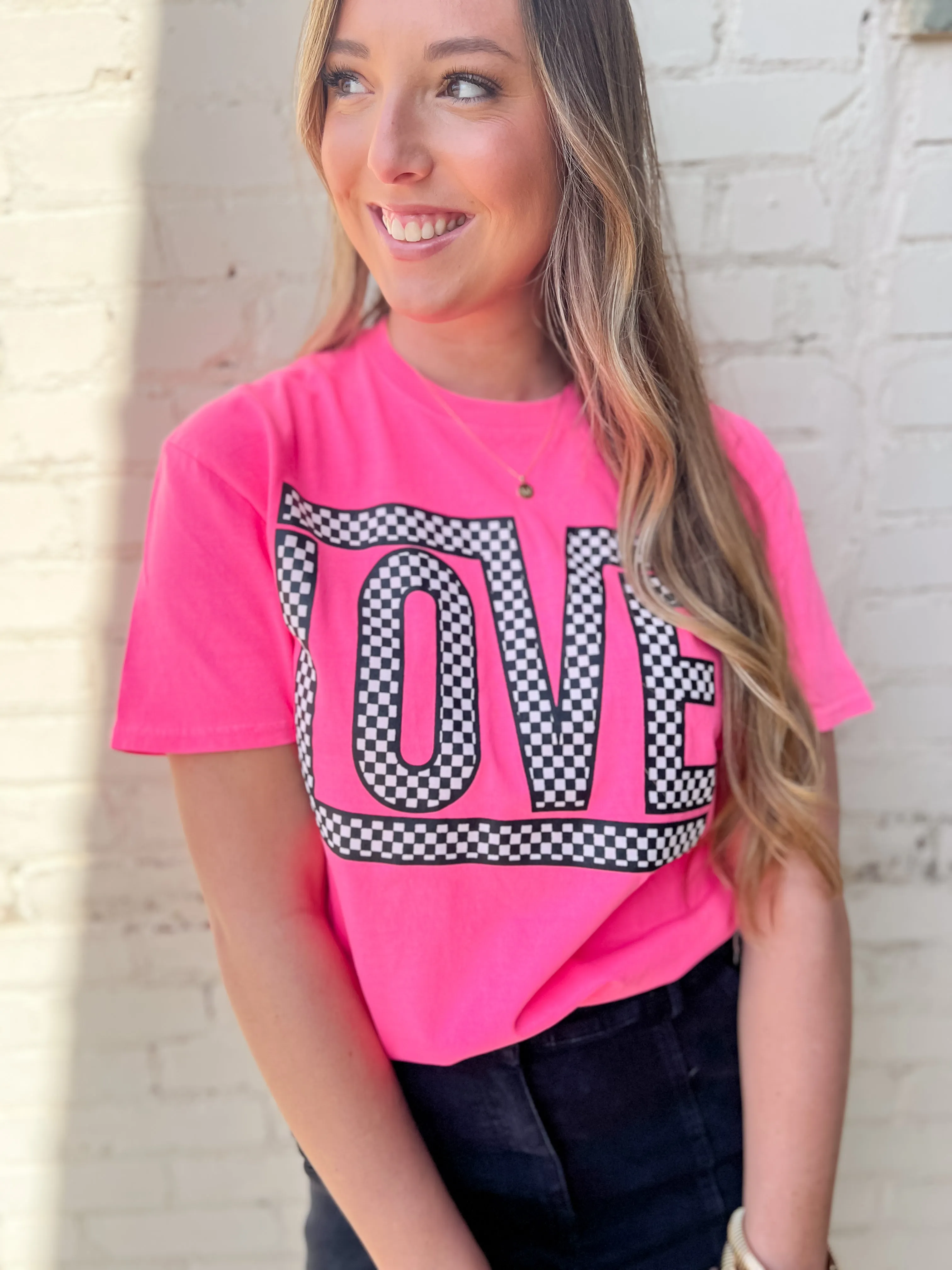 Funky Checkered Love Tee-Neon Pink