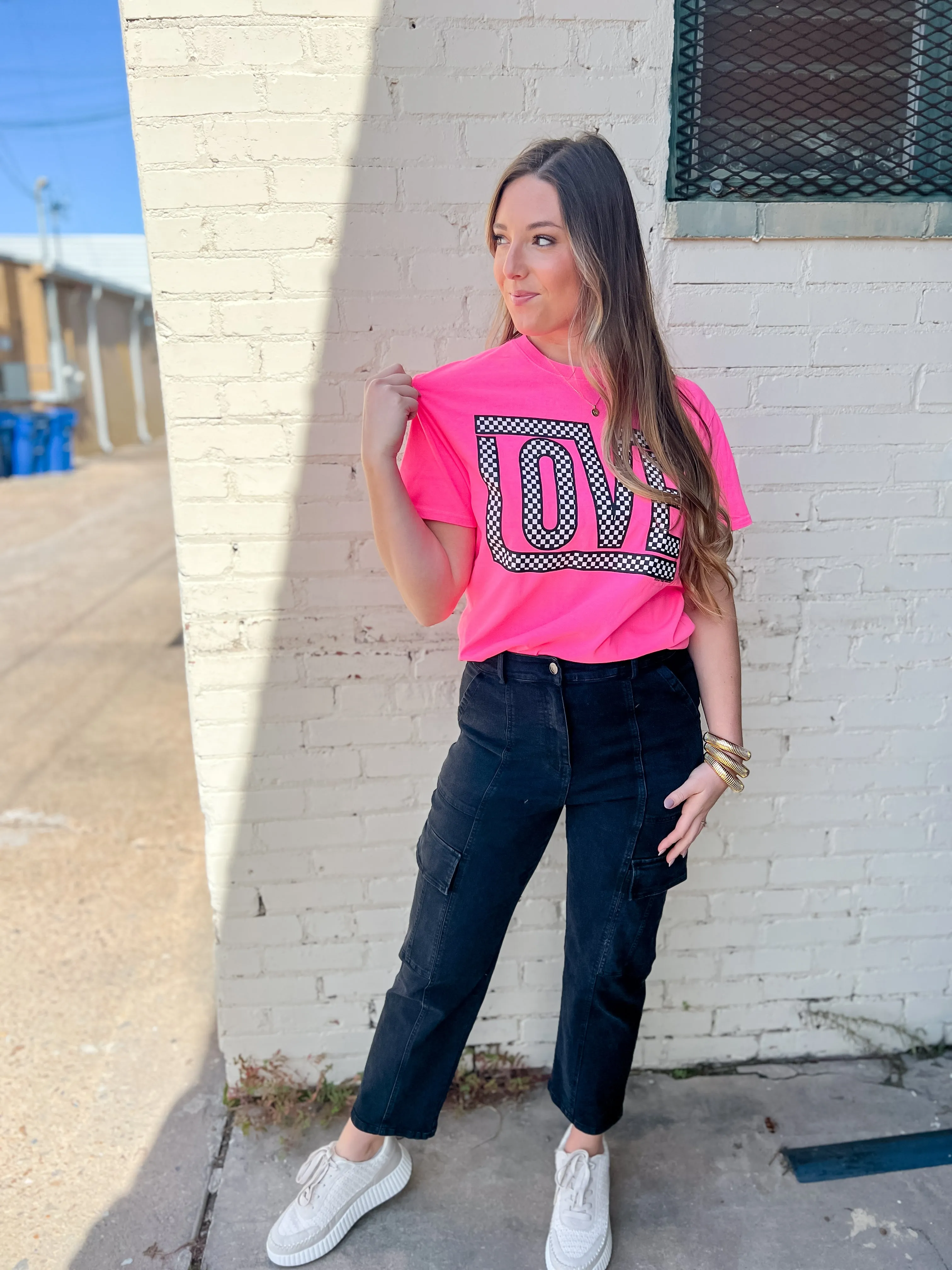 Funky Checkered Love Tee-Neon Pink