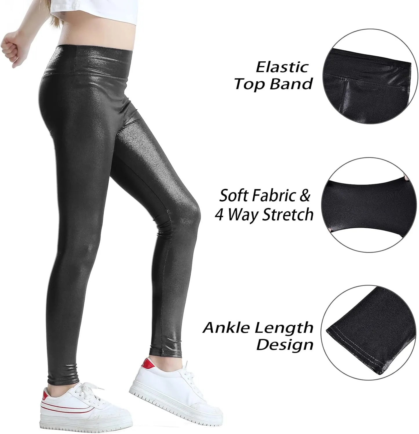 Girls Metallic Active Leggings Size 4-14 Years Shiny Sparkly Mystique Stretch Ankle Length for Kids Youth Teen