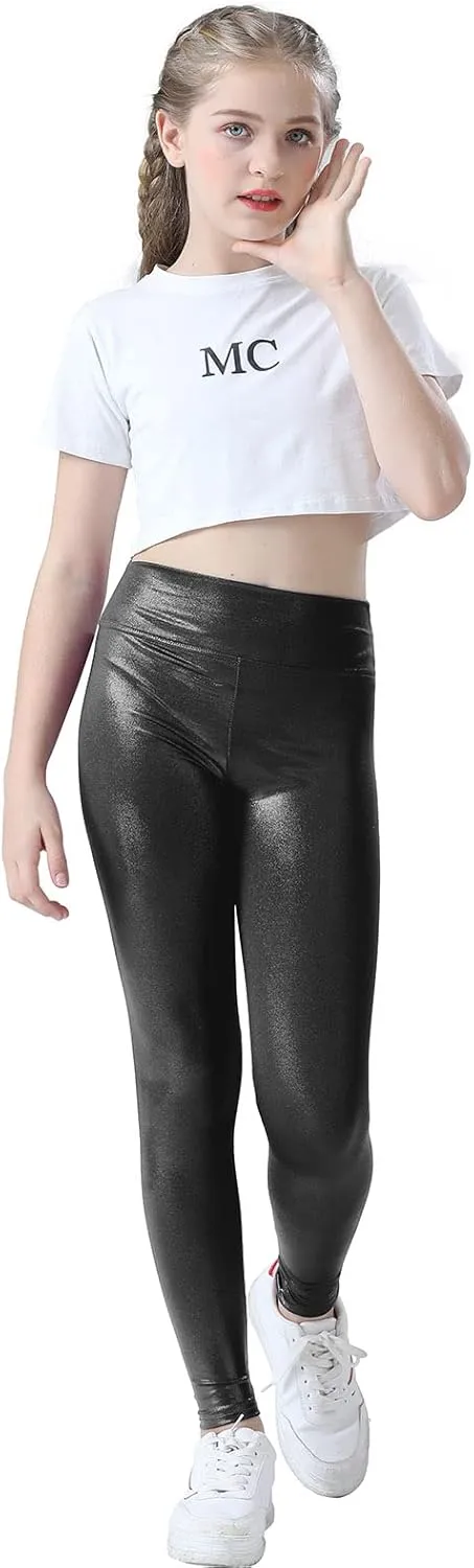 Girls Metallic Active Leggings Size 4-14 Years Shiny Sparkly Mystique Stretch Ankle Length for Kids Youth Teen