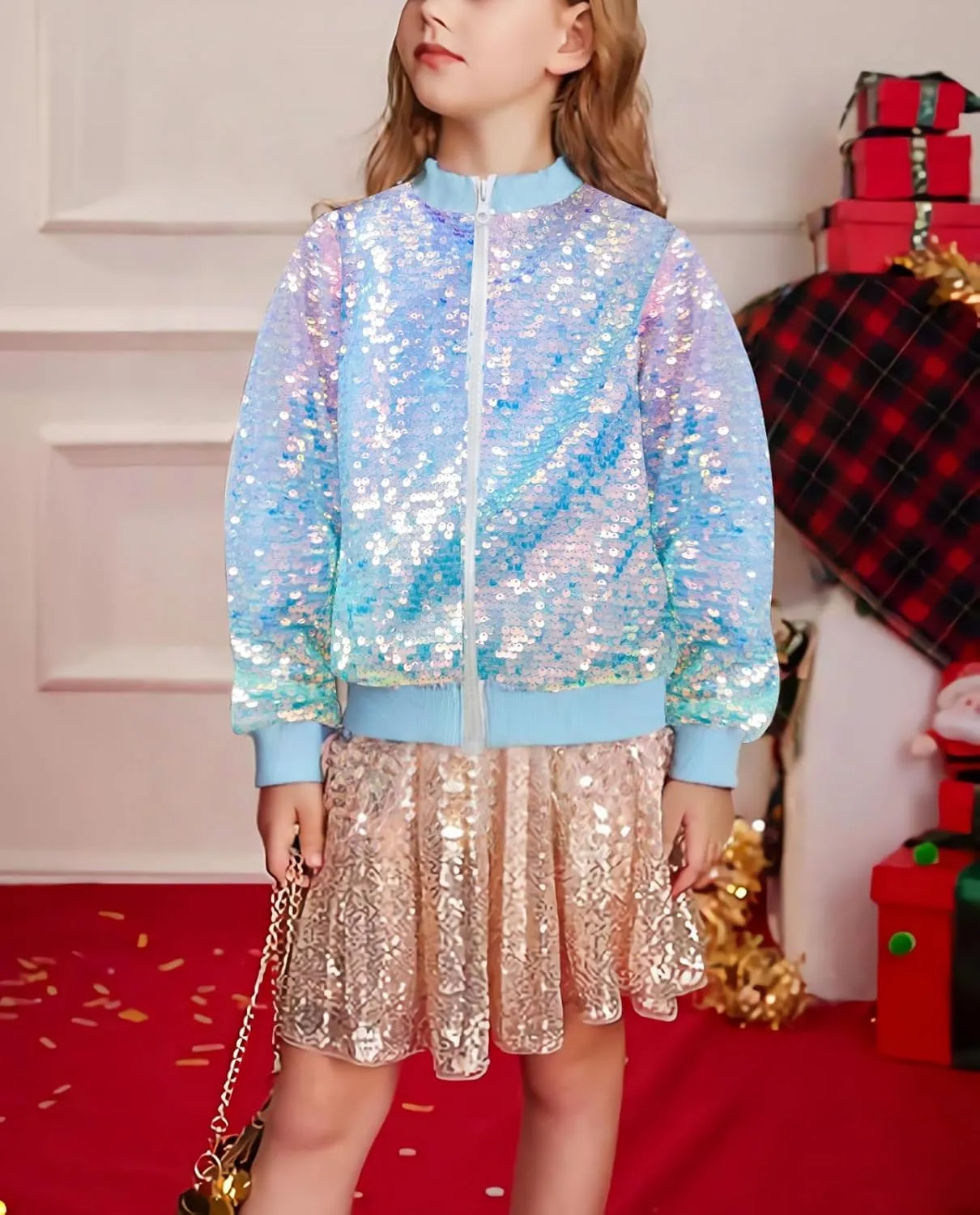 Girls Sequin Bomber Jacket Glitter Outwear Long Sleeve Zipper Jackets 5-12T