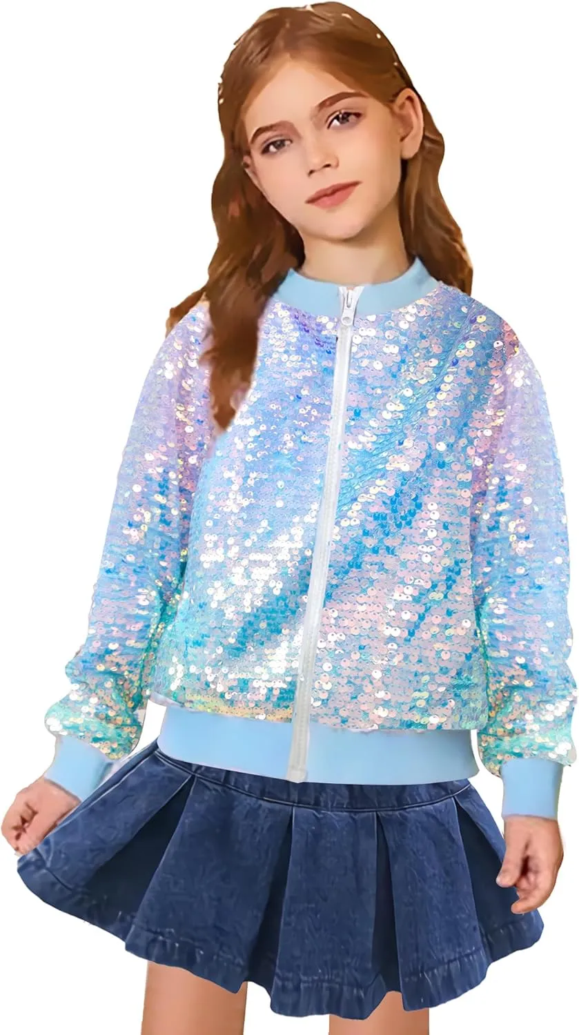 Girls Sequin Bomber Jacket Glitter Outwear Long Sleeve Zipper Jackets 5-12T