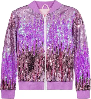 Girls Sequin Bomber Jacket Glitter Outwear Long Sleeve Zipper Jackets 5-12T